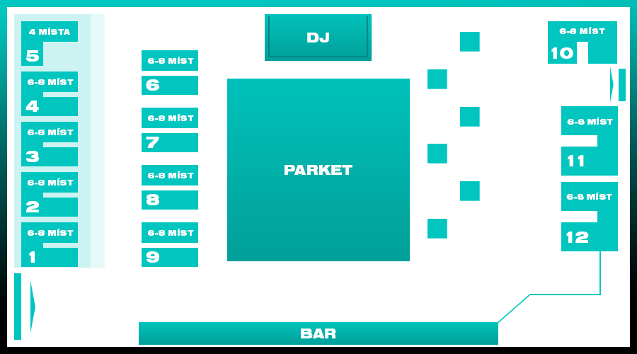 Plánek Club Vinárny s rozmístěním 12 boxů, baru a DJ stage